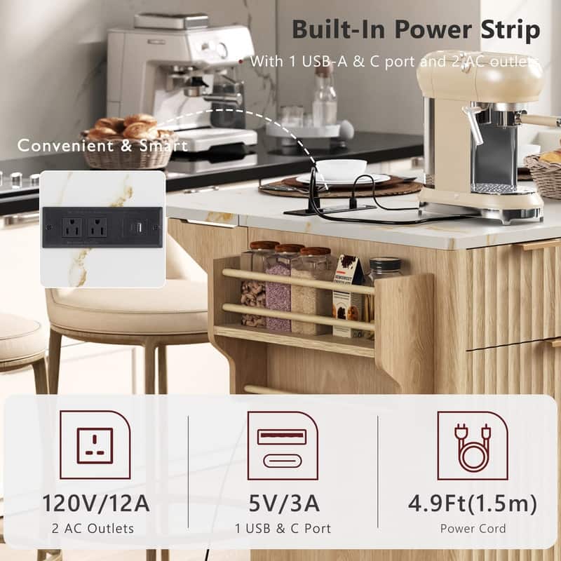 Fluted 55.5" Kitchen Island with Drop Leaf, Rolling Island Table with Drawers, Power Outlet for Functional Kitchen Organization
