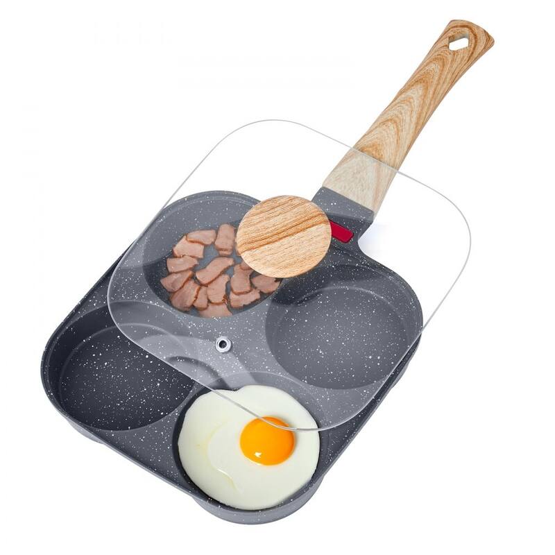 Black Aluminum Egg Pan 4-Hole with Maifan Stone Coating and Lid - 14.69 x 7.48 x 2.09 in