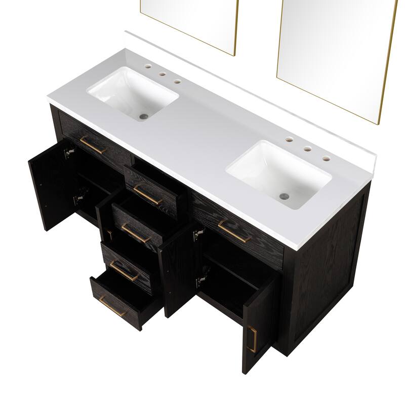Abbey 60 in W x 22 in D Black Oak Double Bath Vanity, Cultured Marble Top, and 28 in Mirrors