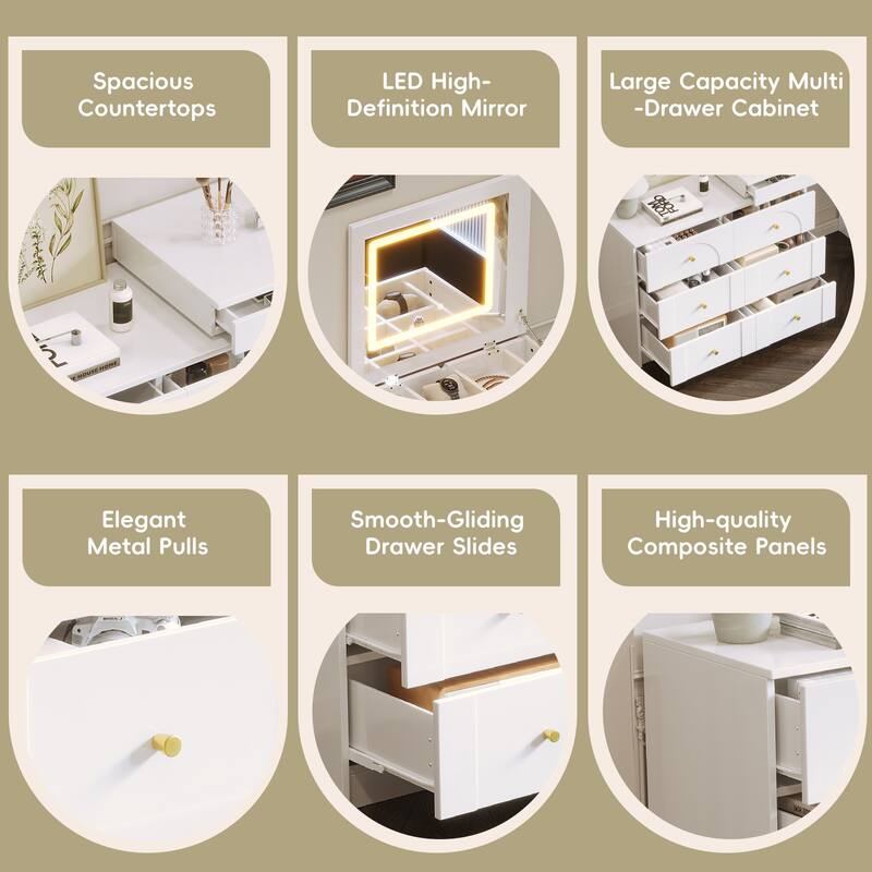 Vanity Desk with Flip-Top Mirror and LED Lights, Makeup Table with 7 Drawers, 9 Compartments, Shelves, 3-Color Modes