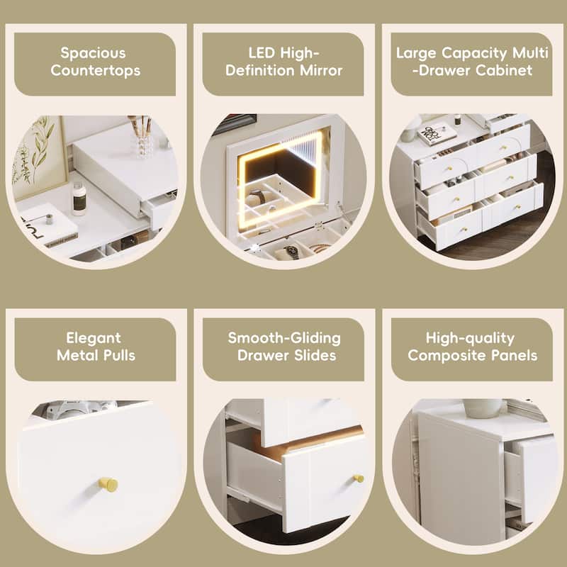 Vanity Desk with Mirror and Lights, Makeup Vanity Table with Flip-Top Tabletop and Storage 7 Drawers