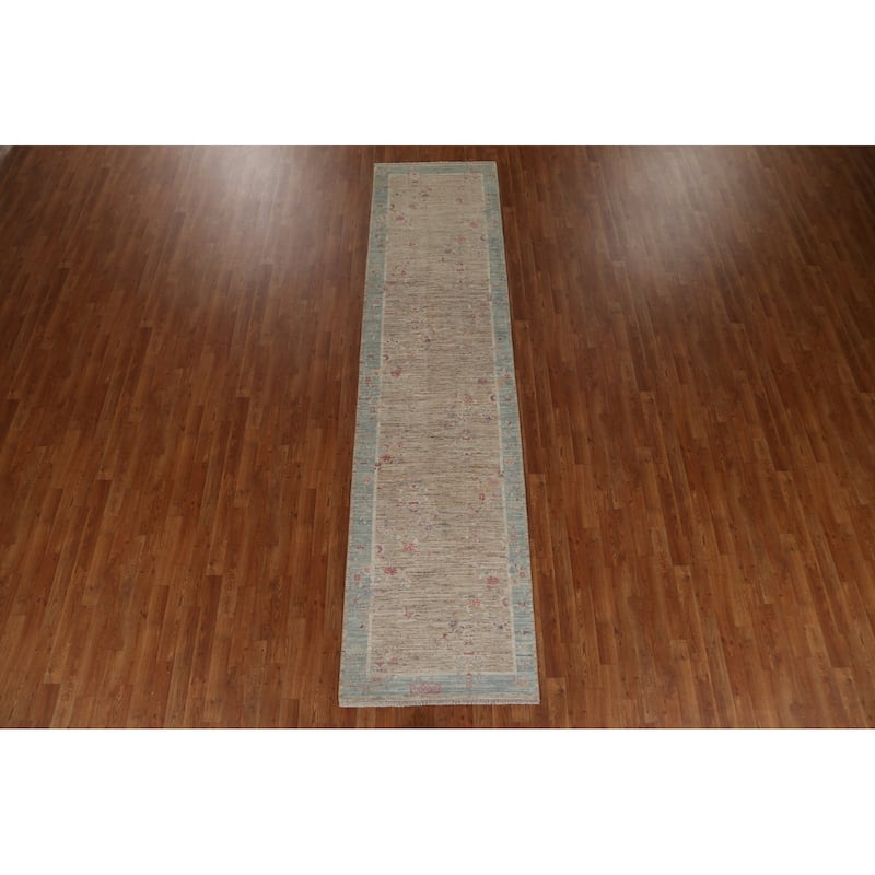 Vegetable Dye Art Deco Oriental Wool Runner Rug Hand-knotted Carpet - 2'10" x 11'7"