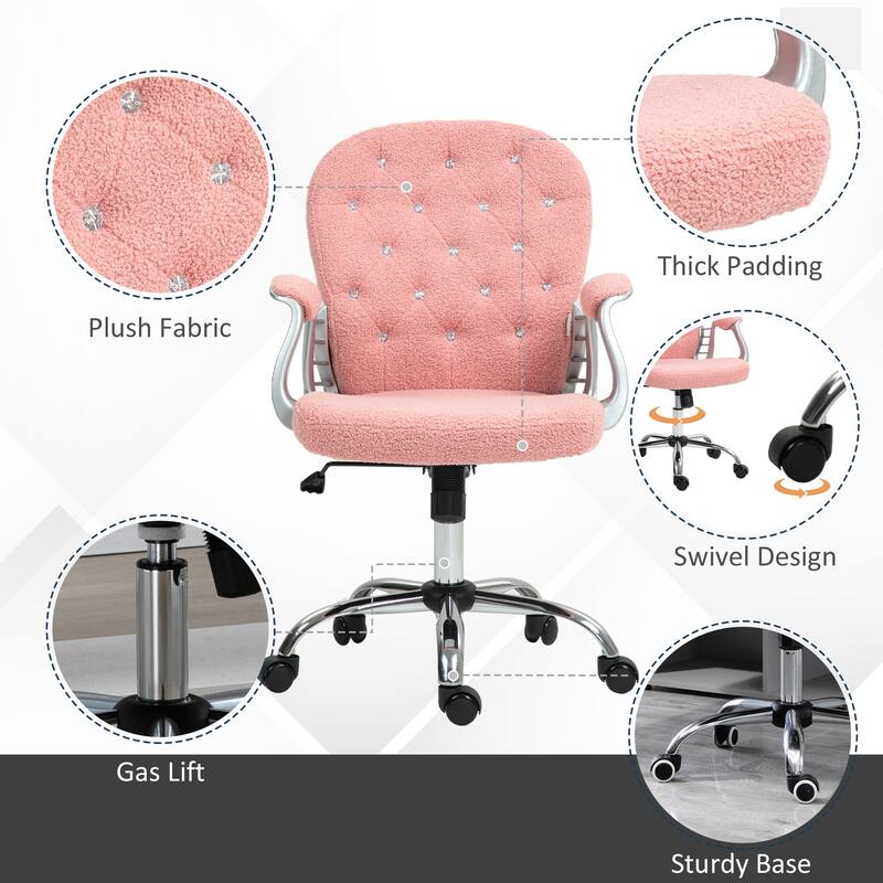 Teddy Fleece Home Office Chair Button Tufted Desk Chair with Padded Armrests, Adjustable Height, for Office, Pink