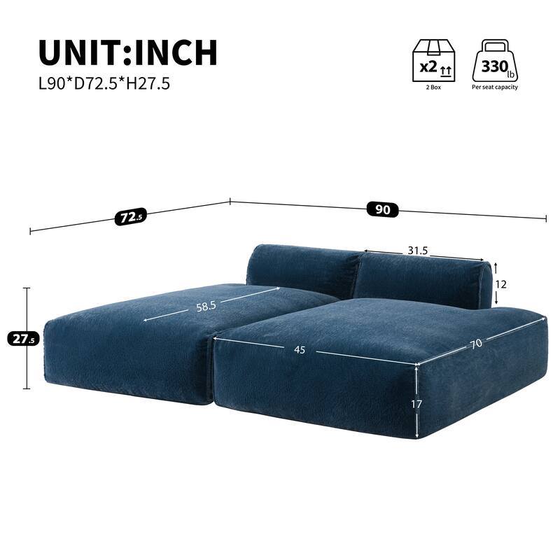 90" Plush Fabric Modular Sectional Sofa with High-Density Foam & Pocket Springs,and 2-Piece Fully Compressed Design