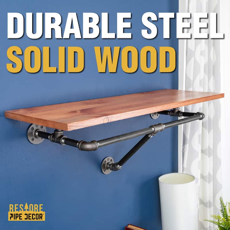 PIPE DECOR 36" Wall Mounted Clothing Rack with Wood Shelf and Industrial Steel Pipe