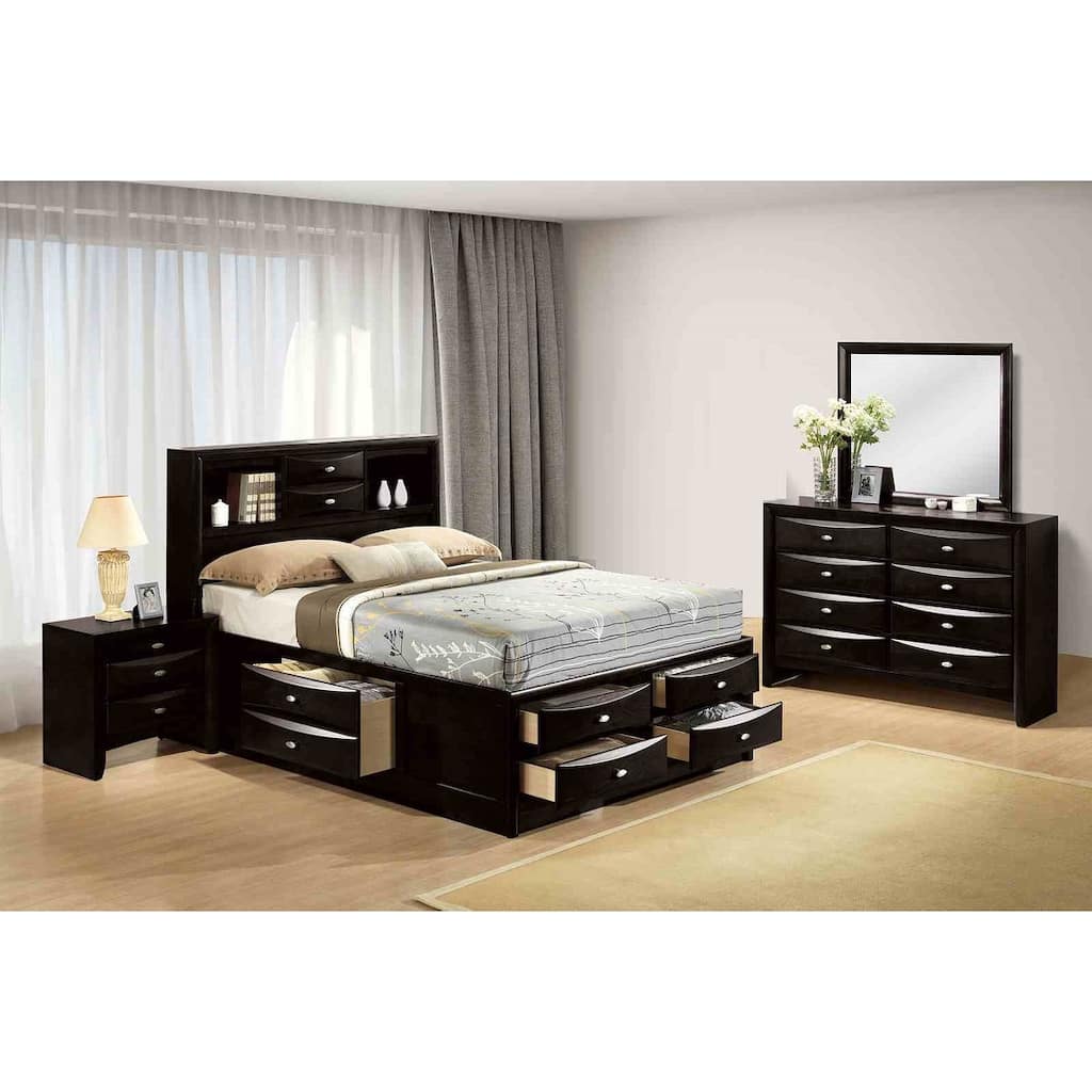 6 Drawers Bed Nightstand Dresser Mirror Transitional Solid Wood Bedroom Set Black Finish