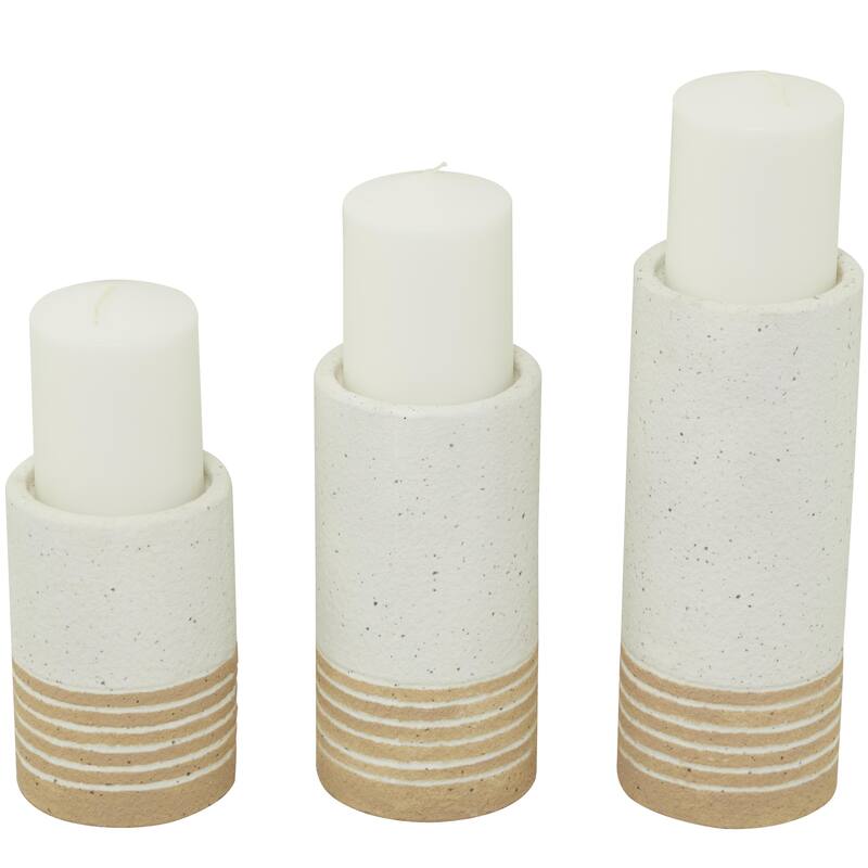 White or Blue Metal Striped Pillar Decorative Candle Holder (Set of 3)