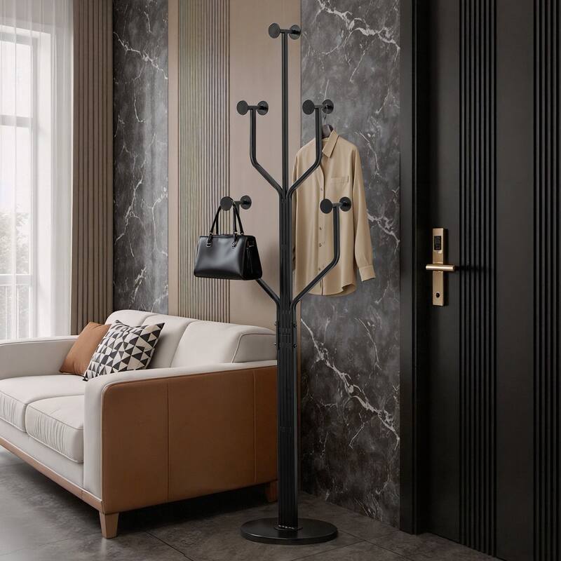 Freestanding Metal Coat Rack with 10 Hooks and Heavy Duty Marble Base - 68.1"H x 18.5"W(top) x 13.2"Dia(base)