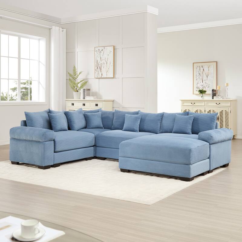 4-Seat Convertible Cloud Corduroy Modular Sofa with 13 Throw Pillows