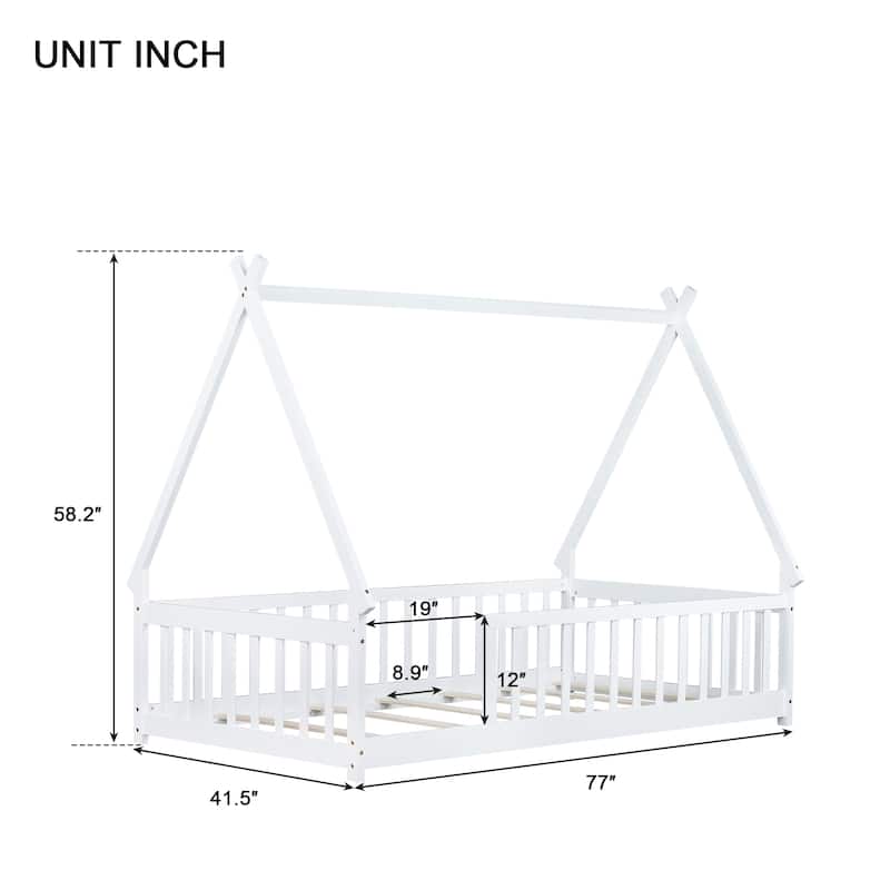 Twin Size Tent Shaped Floor Bed with Guardrails Rubber Wood Low Profile Design