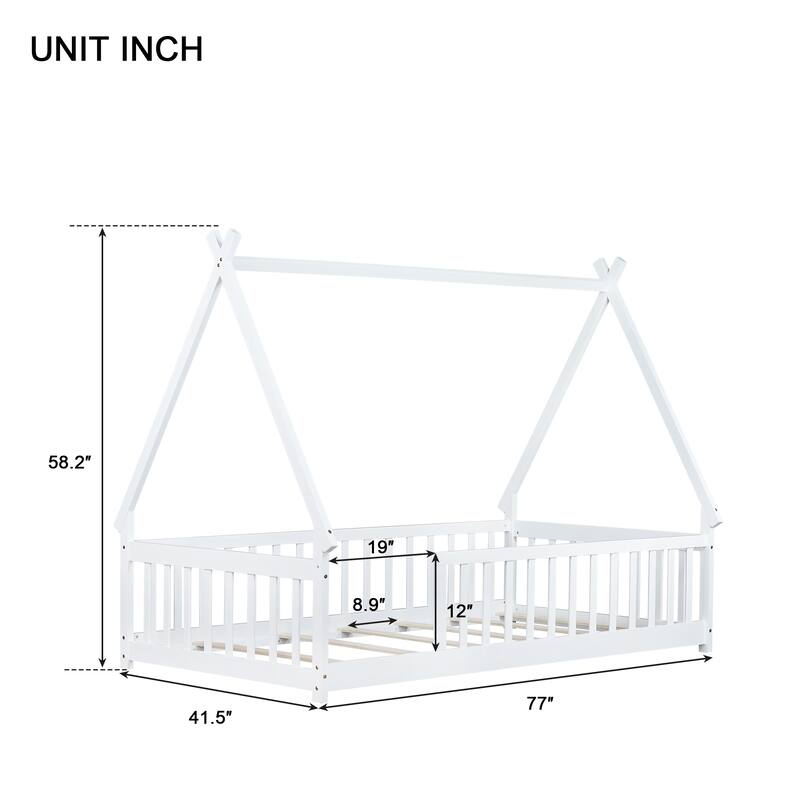 Twin Tent-Shaped Floor Bed with Guardrails, Low Platform Teepee Bed Frame with Slats, Solid Wood Design