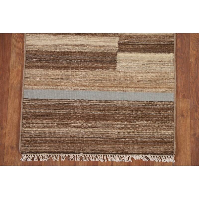 Striped Kilim Modern Runner Rug Flat-weave Wool Carpet - 2'7" x 7'0"