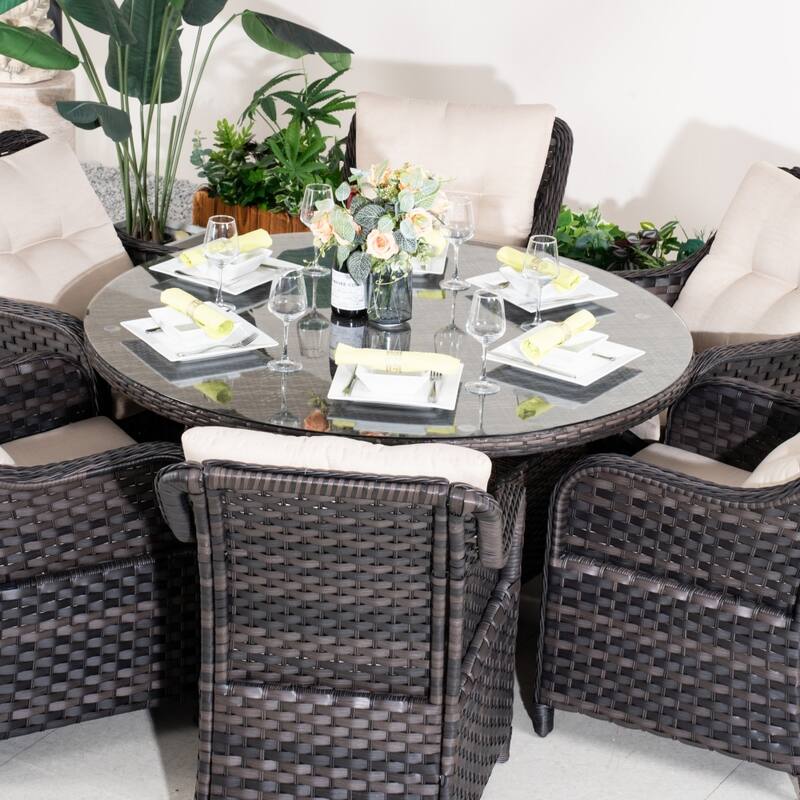 Outdoor Patio 7-piece Wicker Dining Set with 6 PE Rattan Chairs