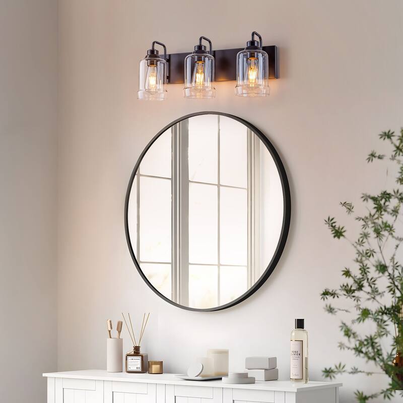 Starsky Modern Farmhouse 3‑Light Vanity Wall Light with Clear Decorative Glass Shades, E26 Bulb Base, Oil Rubbed Bronze Finish - Oil Rubbed Bronze