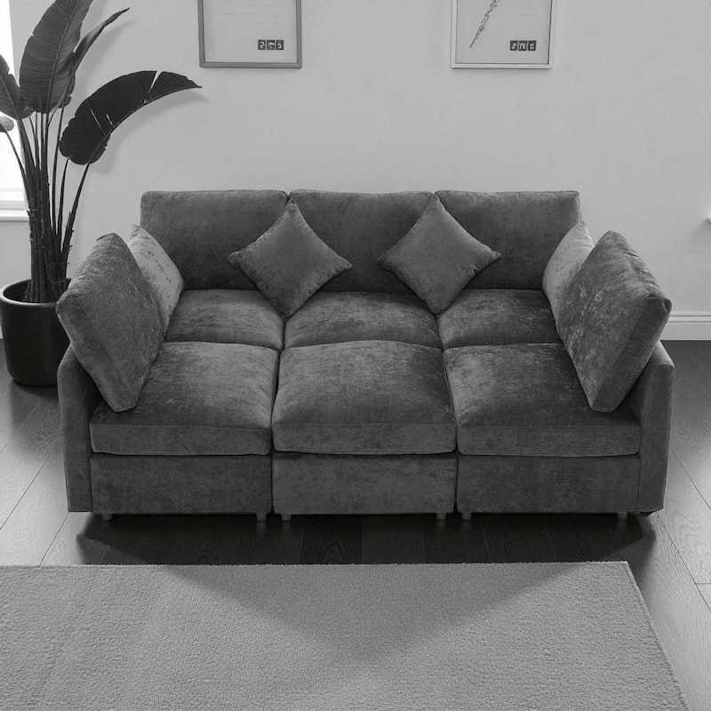 86.6" Modular Sectional Sofa with Ottoman and USB Ports, U-Shaped L-Shape Couch Bed with Chenille Fabric for Living Room - Black