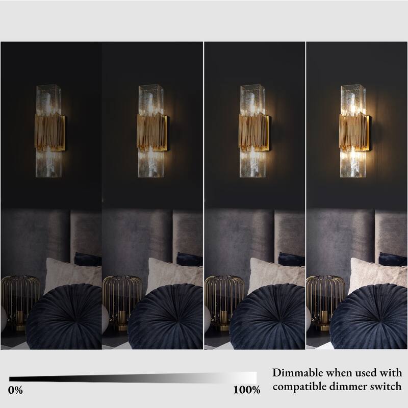 Modern Gold 2-Light Rectangle Vanity Light Dimmable Seeded Glass Wall Sconce - 4.7" W x 5.9" D x 17.5" H