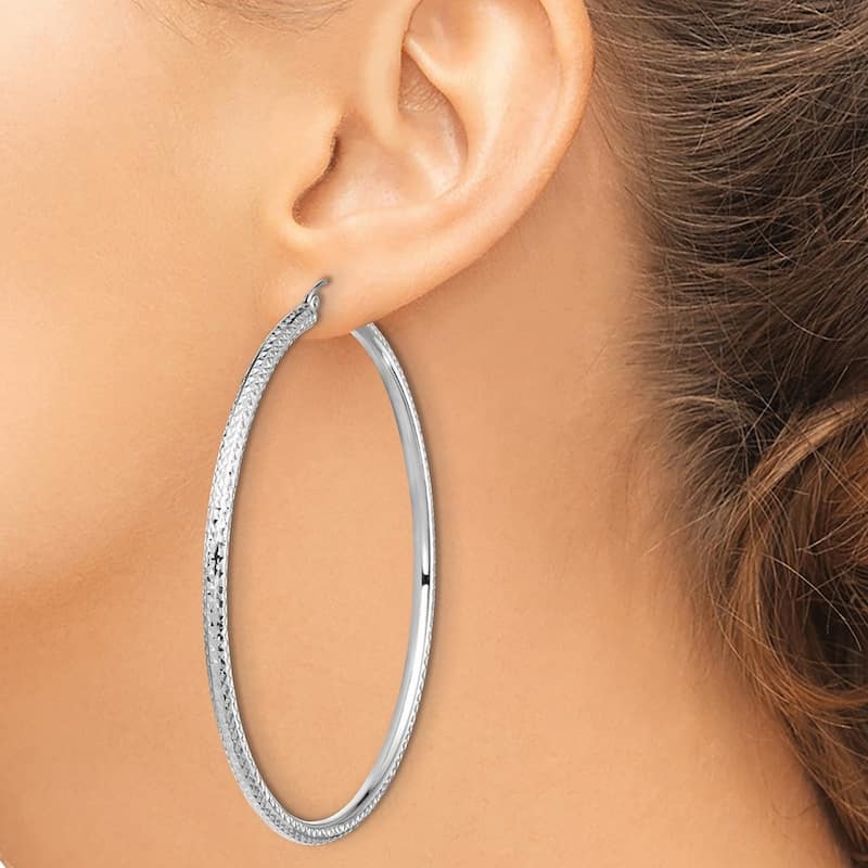 Curata 14k White Gold Lightweight 3mm Sparkle Cut Hoop Earrings - 72.1x69.15mm Wide 3mm Thick