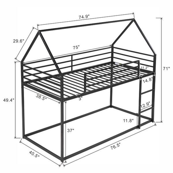 dimension image slide 1 of 2, Twin House Bunk Bed with Slide, Ladder, and Guardrails, Metal Frame, Black