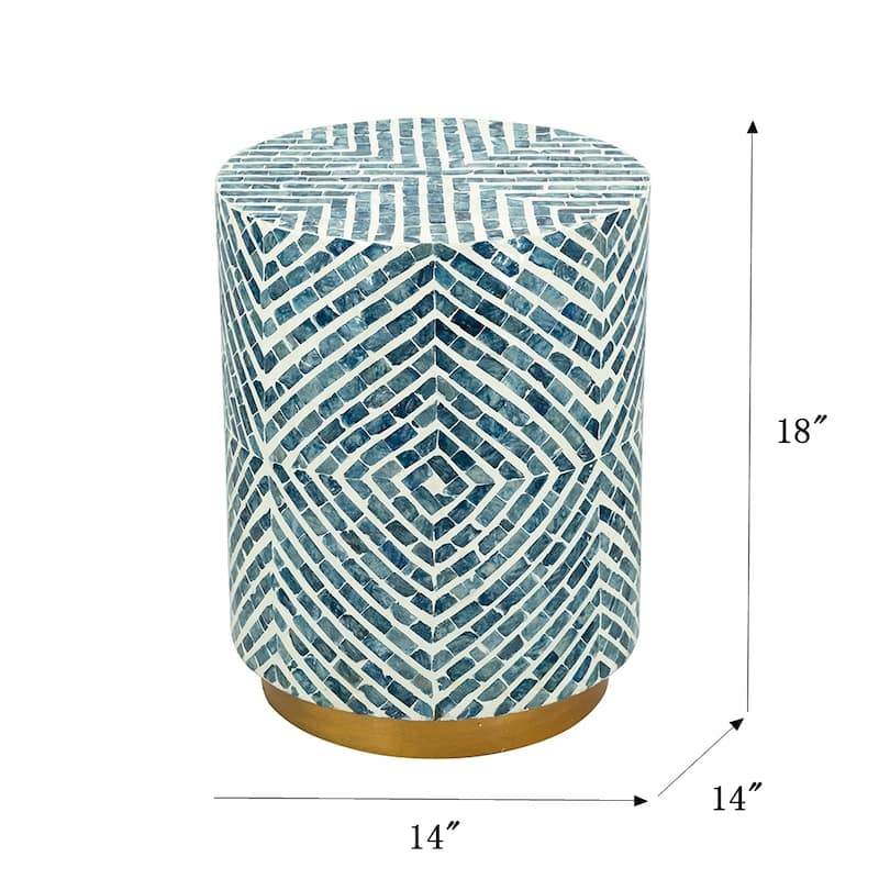 14x14x18" Round Accent Stool With Blue And White Capiz Design And Gold Pedestal Base