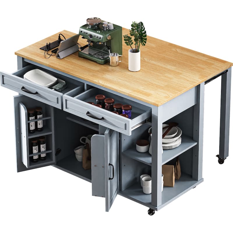 47 inch Kitchen Island with Extendable Dining Table, Rubber Wood Veneer Kitchen Table with Internal Storage Rack, Power Outlet,