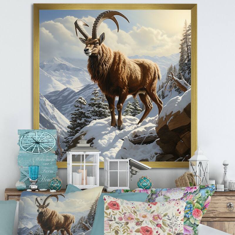 Designart "Minimalist Goat Winter Mountain Adventure" Goat Wall Decor Brown Modern Entryway Framed Wall Art Print - 30 in. wide x 30 in. high - Gold