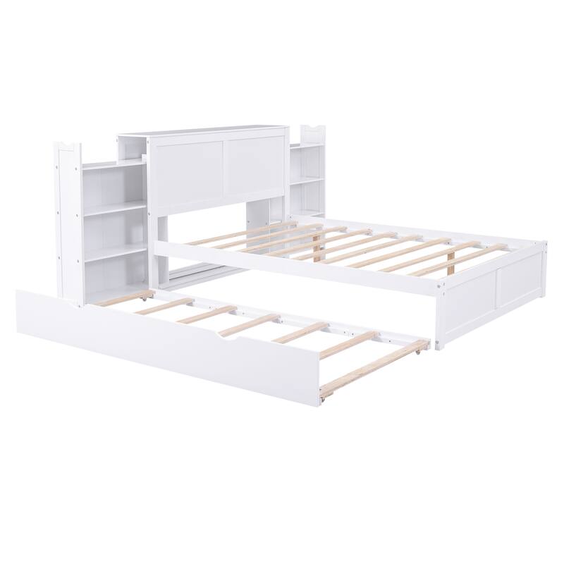 White Full Size Storage Platform Bed with Pull-Out Shelves and Twin Trundle