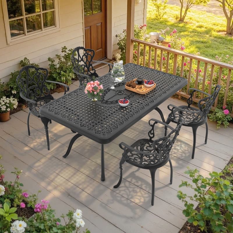 5-Piece Cast Aluminum Outdoor Dining Set with 66.93'' L X 37.40'' W Rectangular Table and Seat Cushions