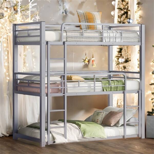 slide 2 of 12, Metal Twin Size Triple Bunk Bed with Guardrails