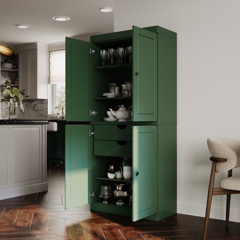 Solid Wood Tall Freestanding Kitchen Pantry Cabinet with Doors & 2 Drawers, Adjustable Shelves, Modular Storage, 32" W x 71.5" H - Green