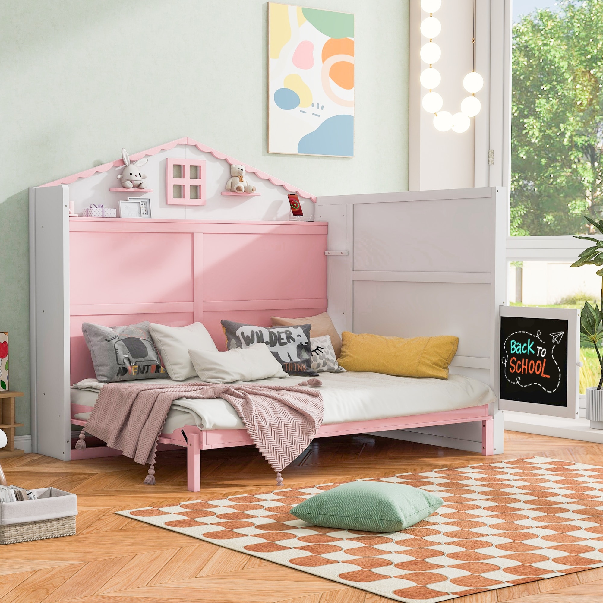 Wood House Murphy Bed with USB, Storage Shelves and Blackboard