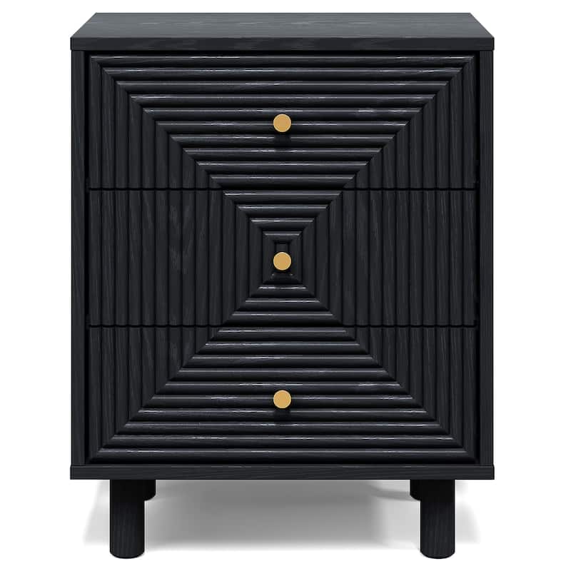 Black 3-Drawer Nightstand with Solid Wood Legs