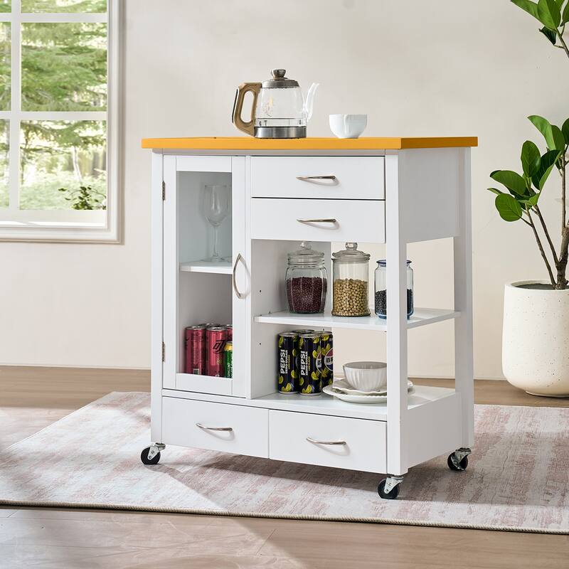 Anmytek Multifunctional Rolling Kitchen Island Cart Walnut Wood Top Storage Cabinet with Drawers Towel Bar White - White - Portable - Wood