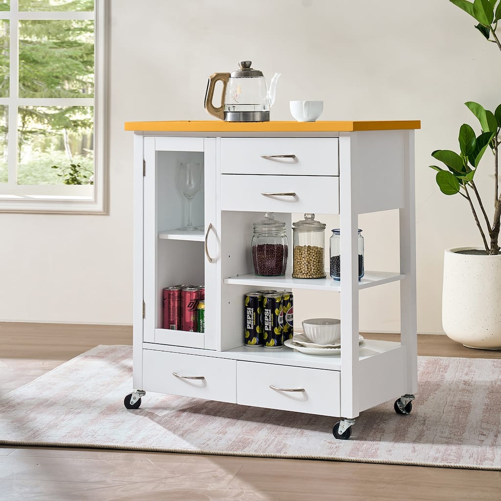 Anmytek Multifunctional Rolling Kitchen Island Cart Walnut Wood Top Storage Cabinet with Drawers Towel Bar White