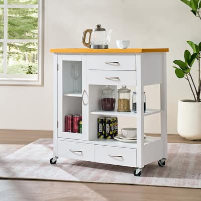 Kitchen Island Cart with walnut wood Top, Rolling Storage Cabinet on Wheels with Drawers, Sideboard Buffet with Towel Bar