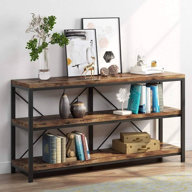 55" Console Table with Storage Shelves-3-Tier Sofa Table Behind Couch, Narrow Entryway Table with Open Display Shelves - Brown+Black