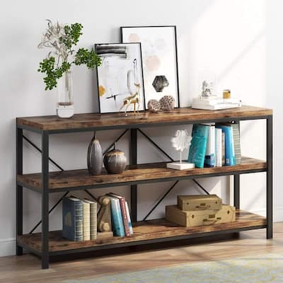 55" Console Table with Storage Shelves-3-Tier Sofa Table Behind Couch, Narrow Entryway Table with Open Display Shelves