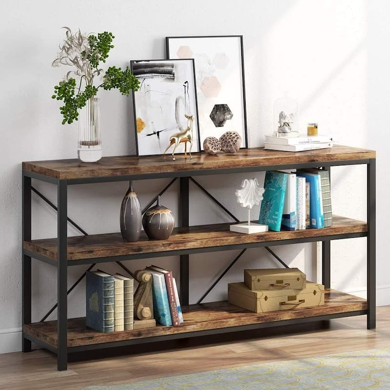 55" Industrial 3-Tier Console Table with Storage Shelves for Living Room, Hallway - Brown+Black