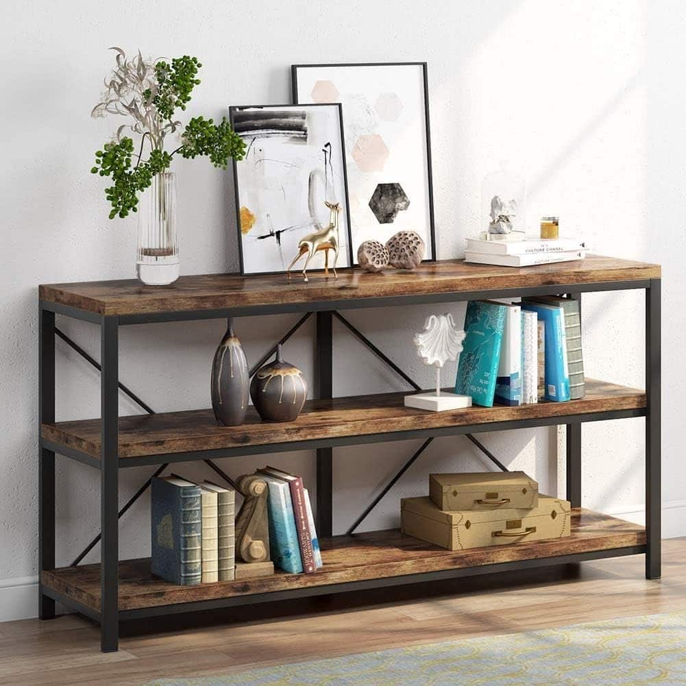 55" Industrial 3-Tier Console Table with Storage Shelves for Living Room, Hallway
