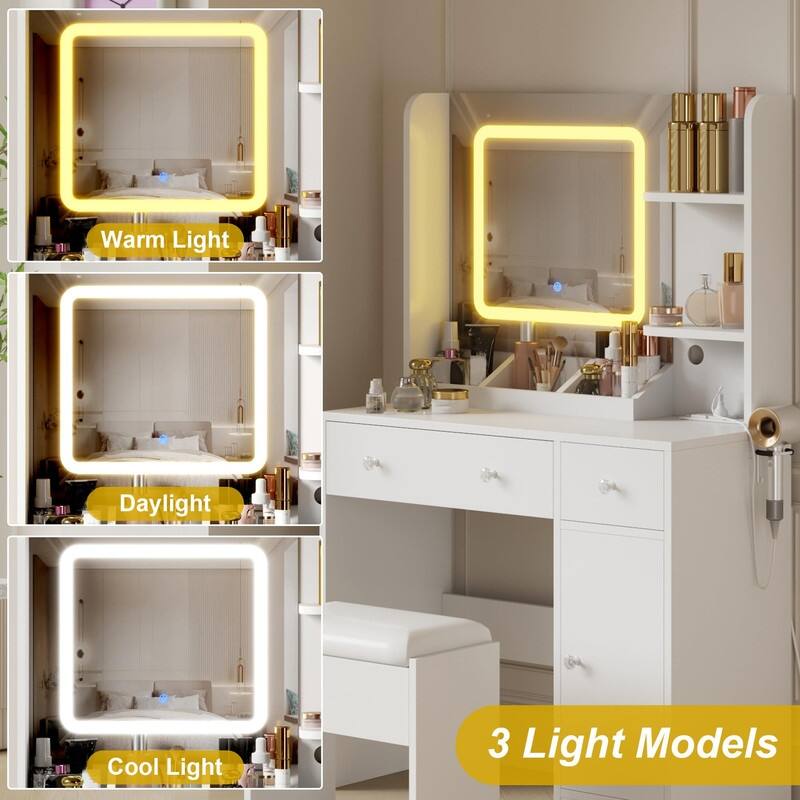 Vanity Desk with LED Mirror, 3 Drawers & Open Shelves, Charging Station, and Stool