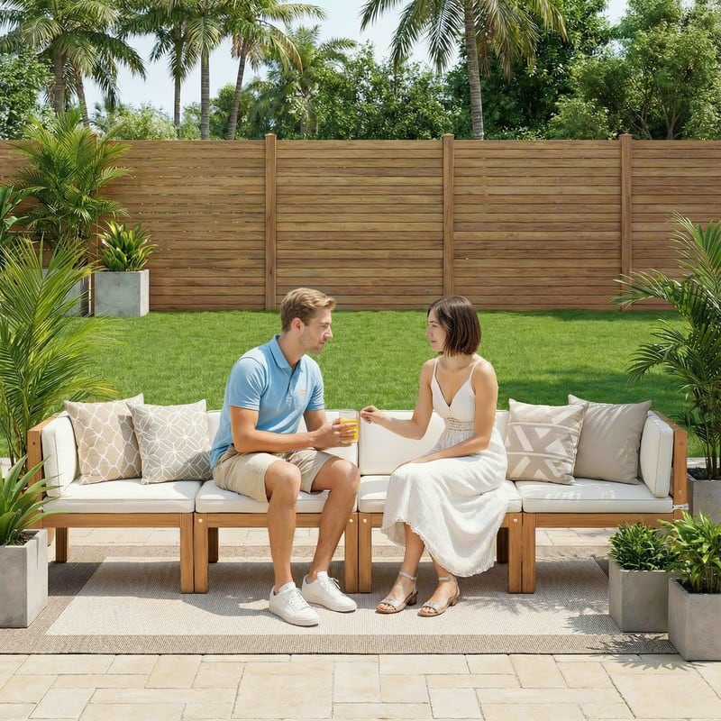 Furniwell Acacia Wood Patio Conversation Set Rope Woven Outdoor Sectional Sofa with Table and Cream Cushions