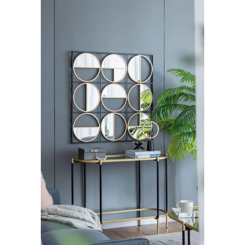 Square Wall Mirror With Frame and Nine Circles 35.5" Black and Gold