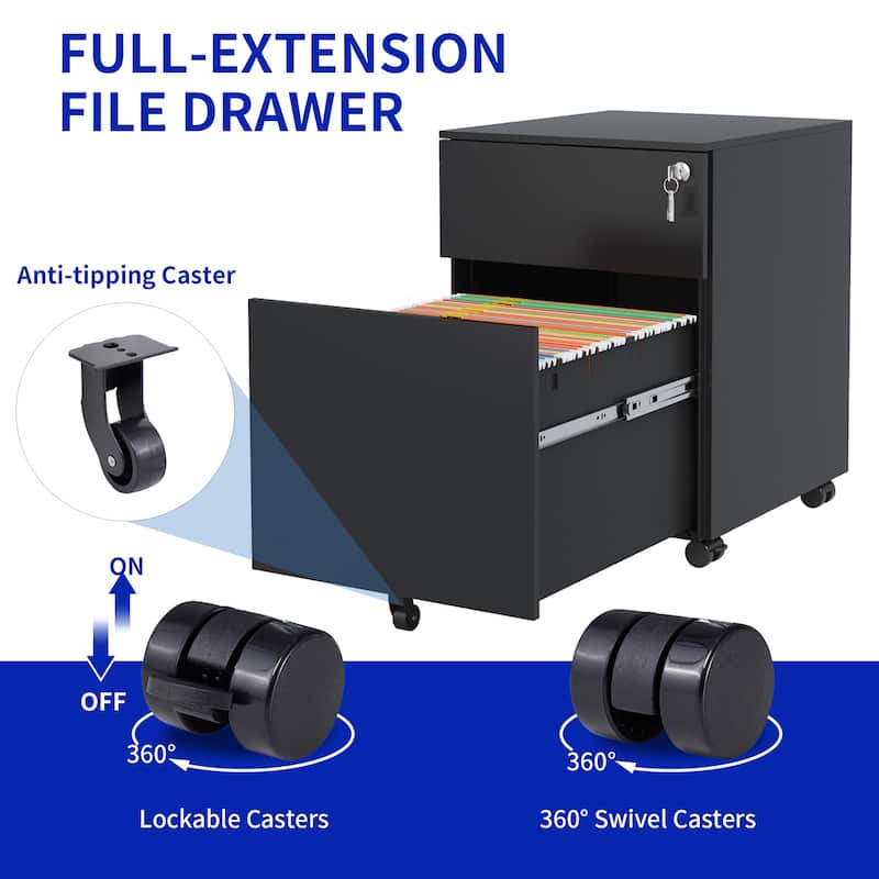 2 Drawer Mobile File Cabinet with Lock Steel File Cabinet for Legal/Letter/A4/F4 Size