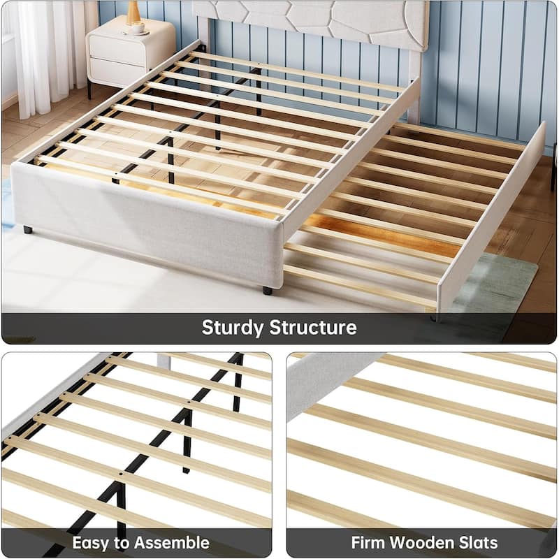 Upholstered Trundle Bed with Headboard, Twin to Full Pull-Out Bed with Wood Slats, for Guest Room/Bedroom