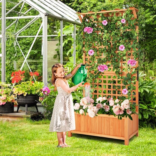 Raised Garden Bed Planter Box Climbing Plants Container with Trellis - Natural