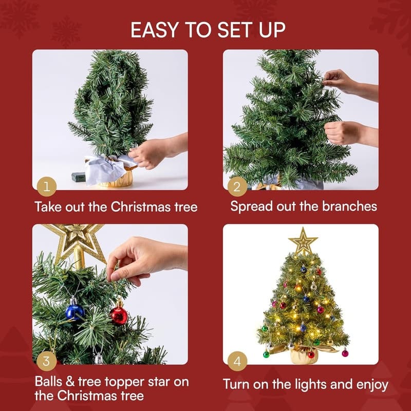 24"/2FT Small Christmas Tree with Lights, Pre-lit Artificial Xmas Tree Green LED Mini Tree for Christmas Decorations