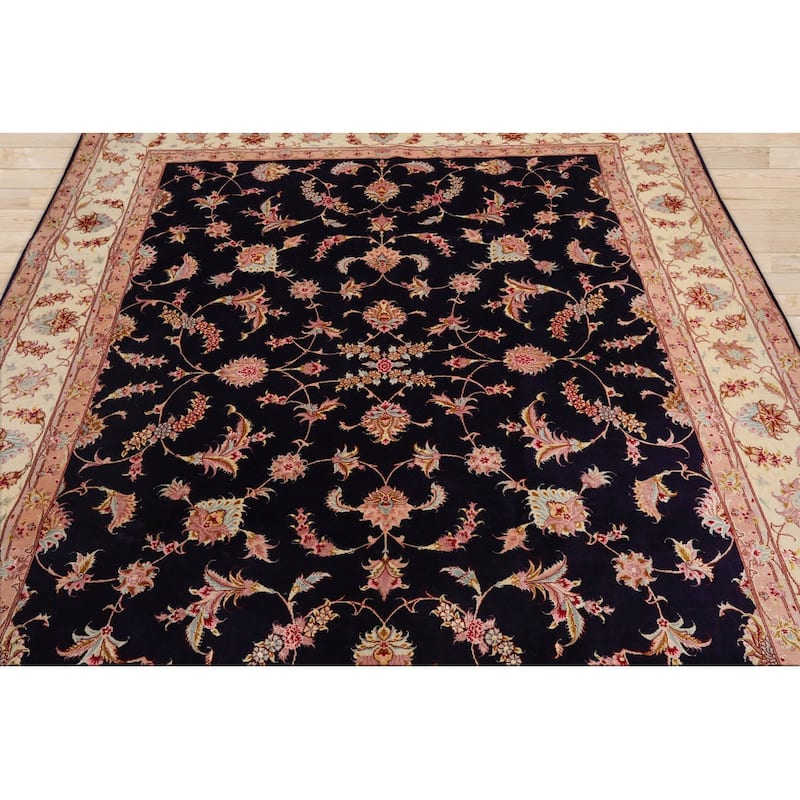 Hand Knotted Tabriz Blue Persian Wool & Silk Traditional Area Rug - 6' 2'' x 7' 6''