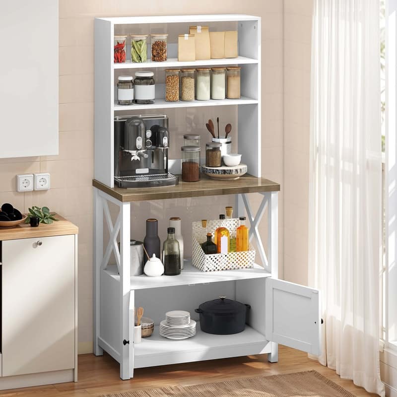 Baker's Rack Coffee Bar Cabinet Microwave Stand Rustic With Power Outlet