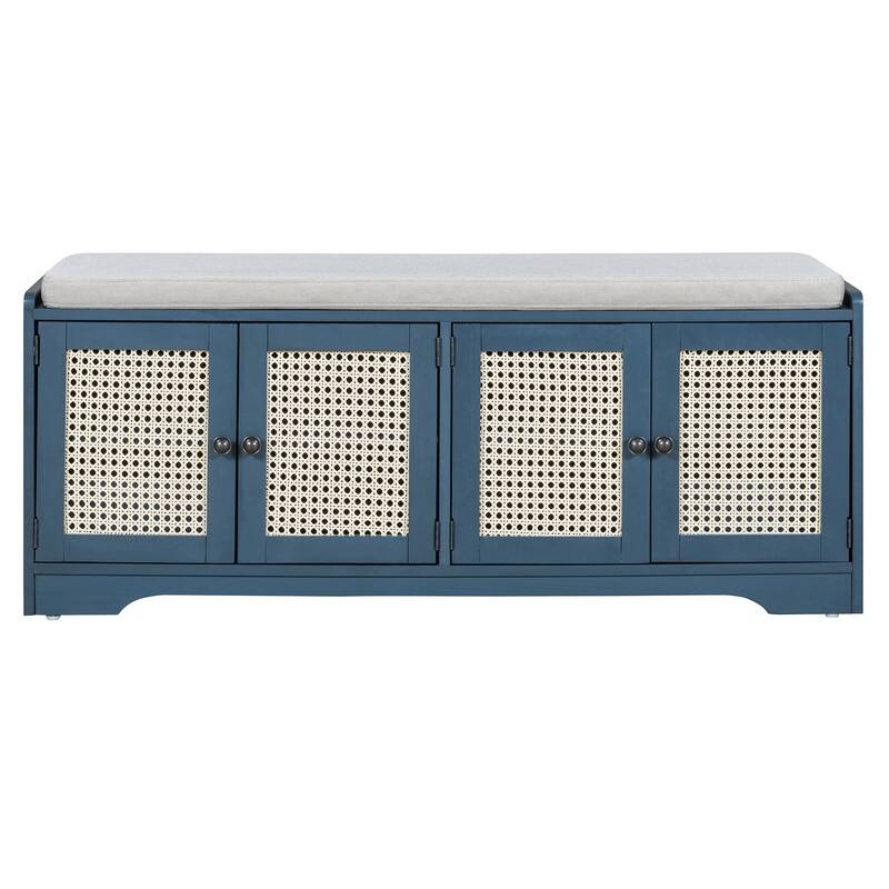 Rustic 47.4" Storage Bench Multifunctional Wooden Entryway Organizer with Removable Cushion and Rattan Doors
