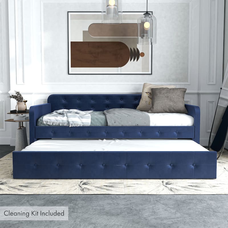 Menzelle Contemporary 2-Piece Twin Upholstered Tufted Day Bed with Trundle by Furniture of America - With Care Kit - Navy