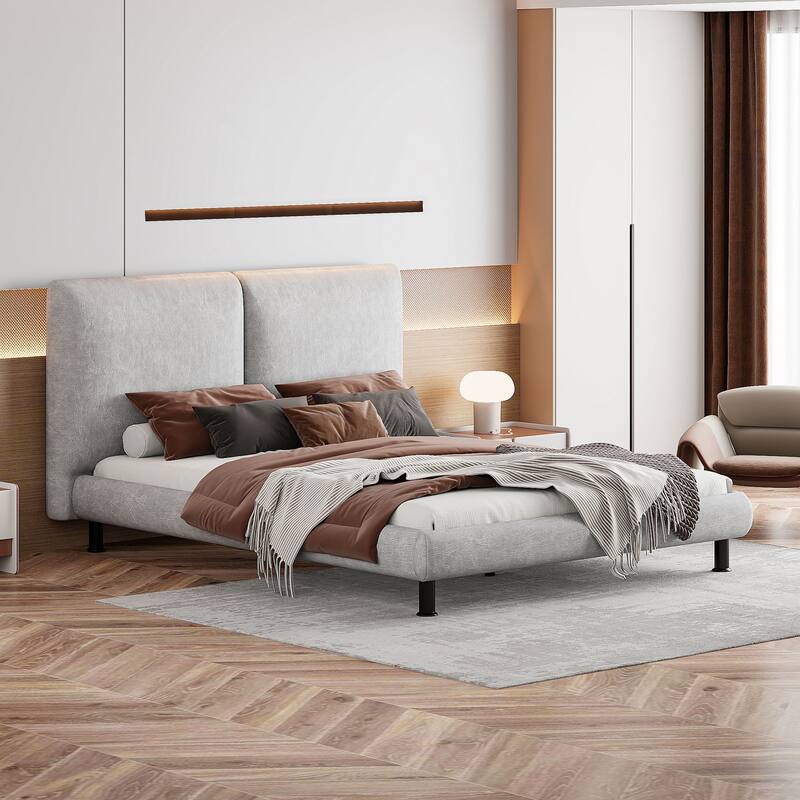 Queen Size Upholstered Platform Bed with Two Large Headrests and Thick Fabric, Polyester